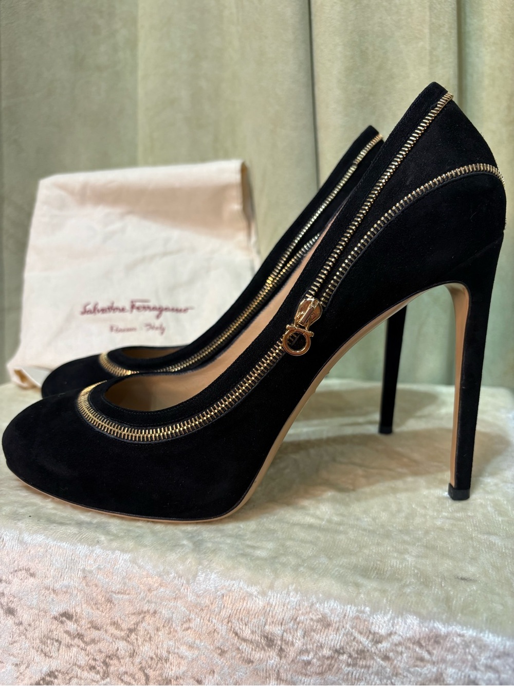 Salvatore Ferragamo Black Suede Zip-Trim Stiletto Heels with Gold Hardware